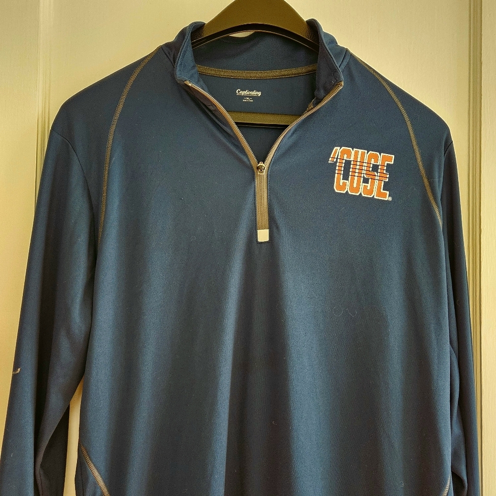 Men's 'CUSE' Blue Spruce With Orange Logo 1/4 Zip T-SHIRT Weight Jersey Top XL